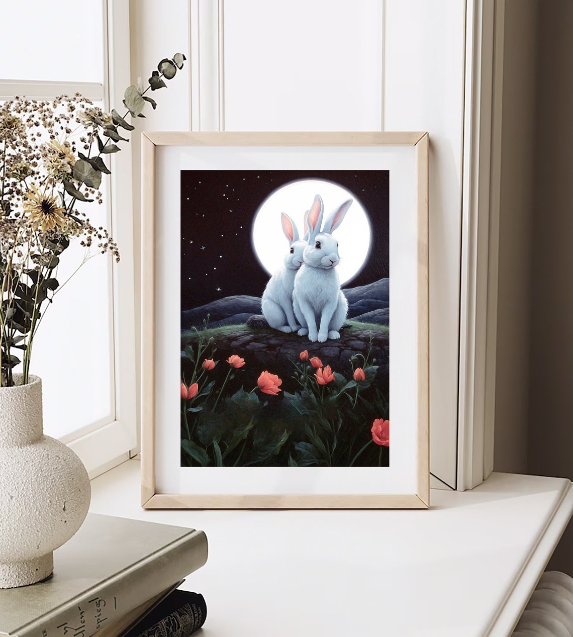Two White Rabbits Before a Full Moon with Red Tulips Night Art Print - Image 5