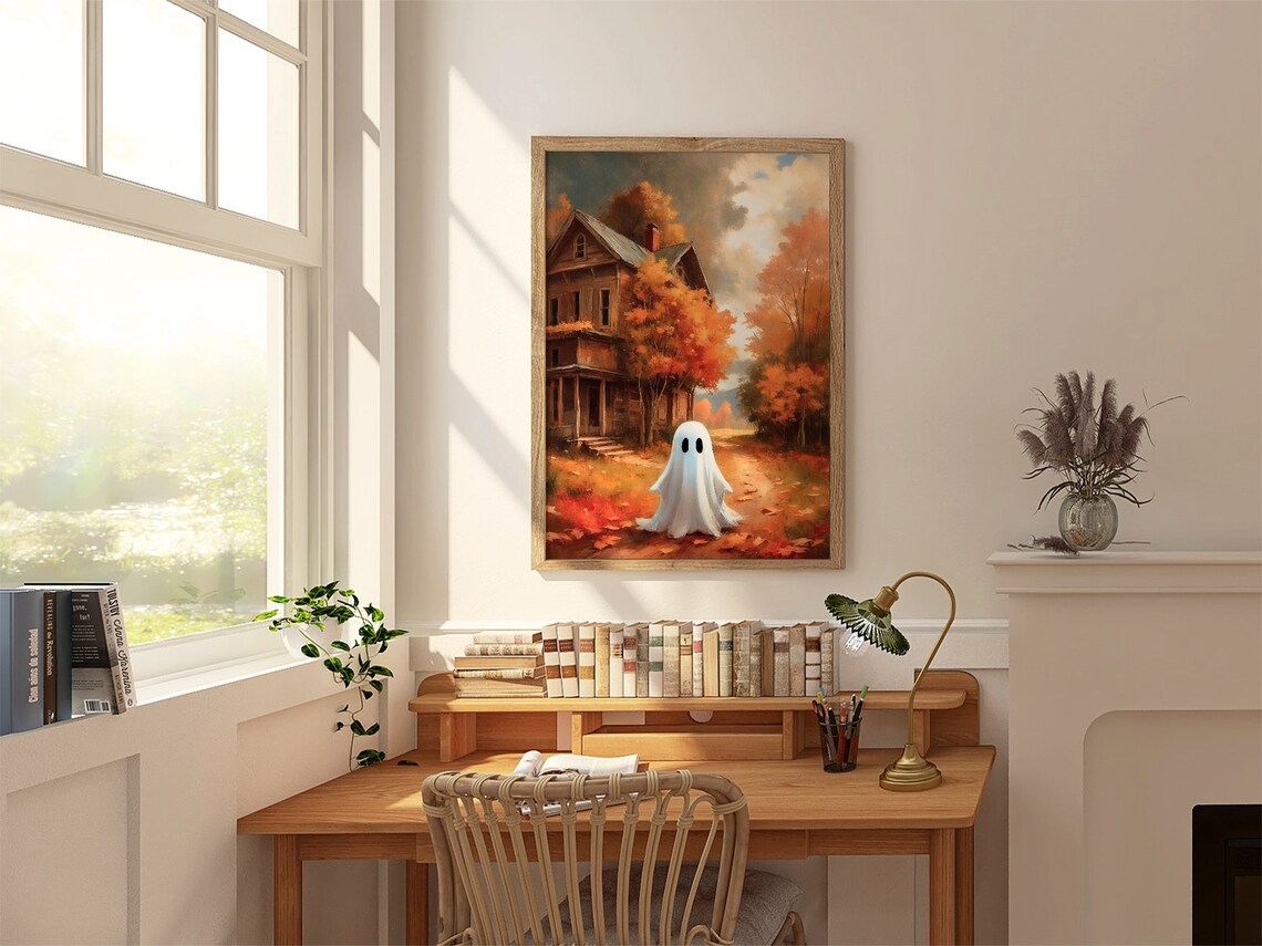 A Lone Ghost On An Autumn Path By A Rustic Farmhouse Vintage Halloween Art Print - Image 2