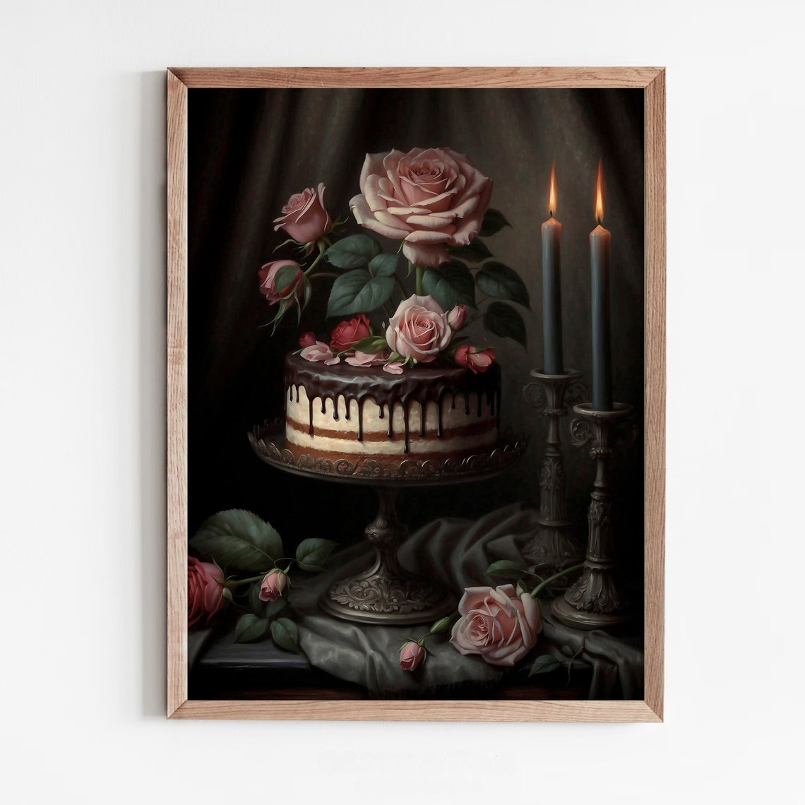 Moody Chocolate Cake Roses Candlelight Vintage Still Life Poster - Image 5