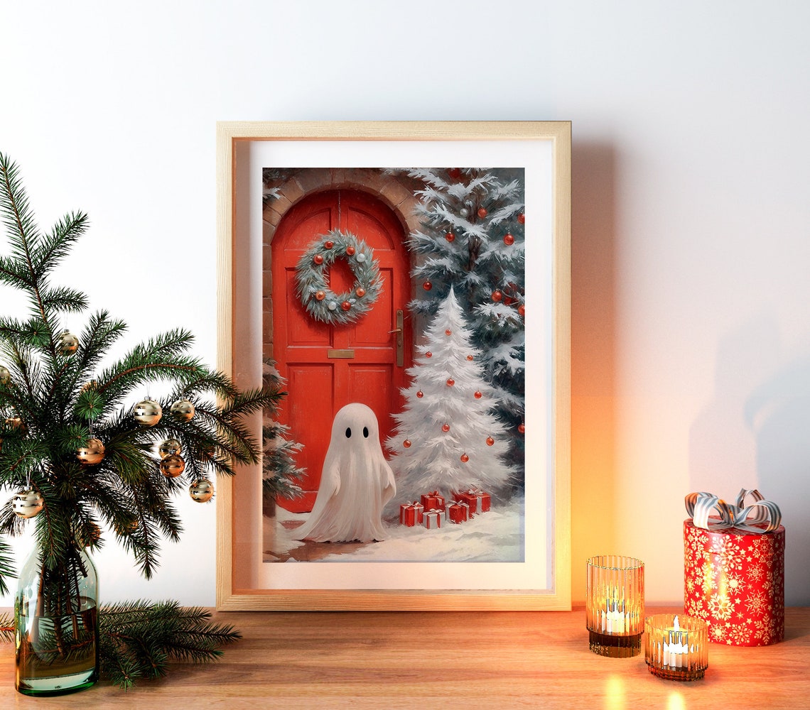 Ghost by Red Door with Christmas Wreath and Tree Holiday Print - Image 3