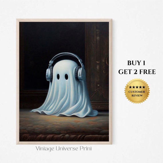 Ghost With Headphones Print Cute Ghost Wall Art Ghost Painting Dark Academia Decor Spooky Wall Decor Kids Wall Art Ghost