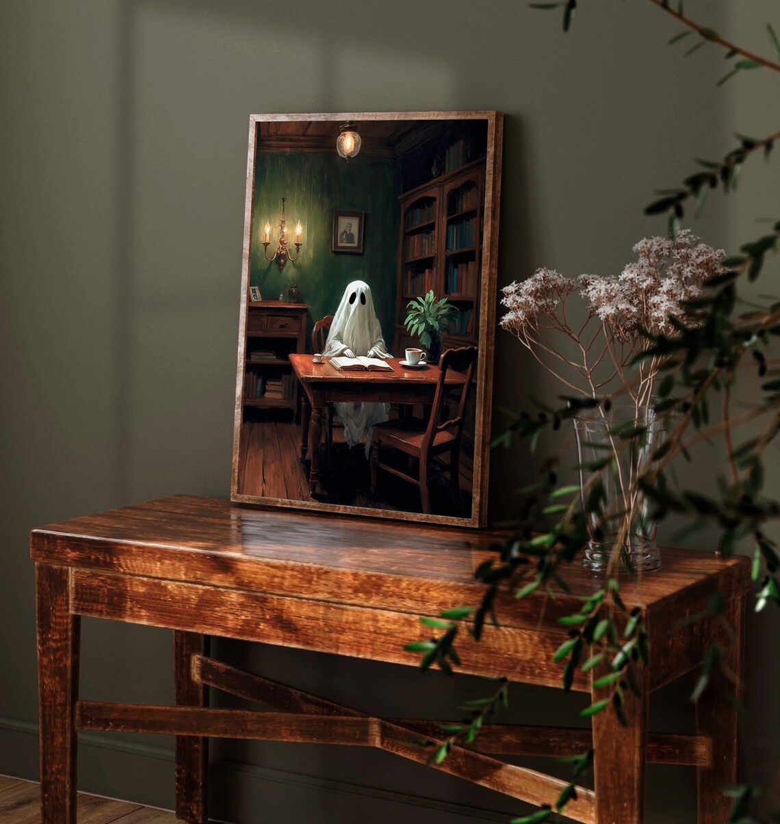 Ghost Reading A Book At A Desk In A Candlelit Vintage Library Painting Poster - Image 2