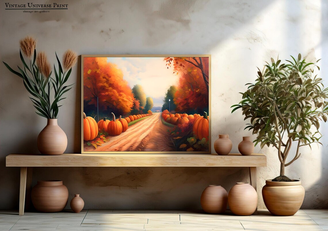 Pumpkin Lined Country Road Autumn Harvest Fall Landscape Poster - Image 2