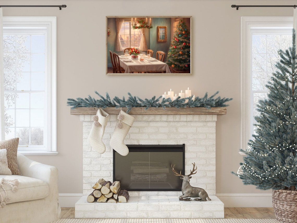 Cozy Christmas Dining Room with Tree and Holiday Table Setting Poster - Image 2