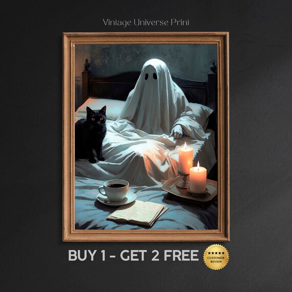 Ghost Waking Up In Bed With A Black Cat Coffee And Candles Cozy Halloween Print