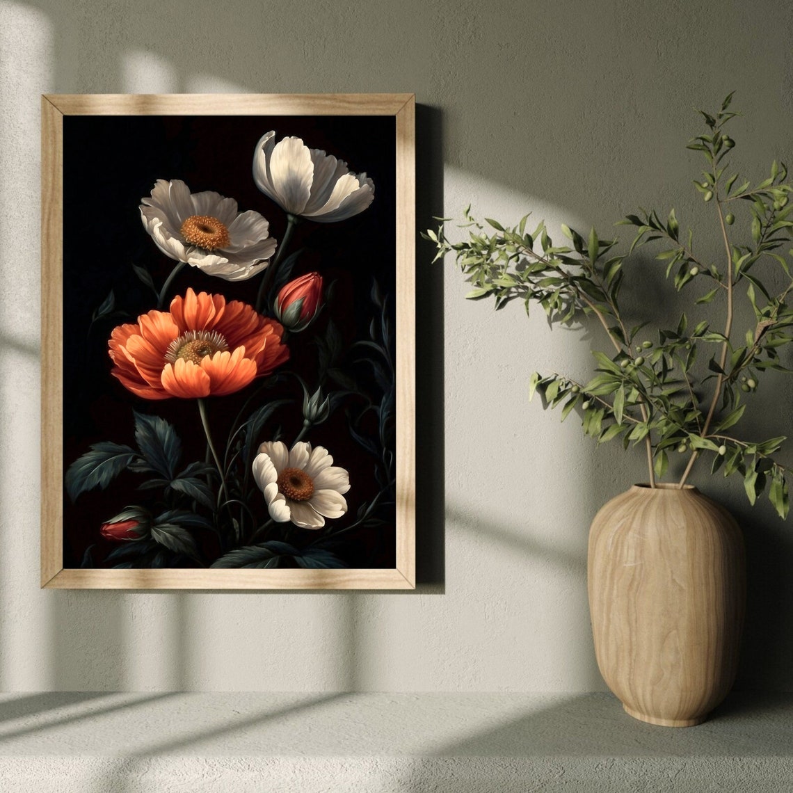 Orange And White Wildflowers On Black Background Moody Floral Poster - Image 5
