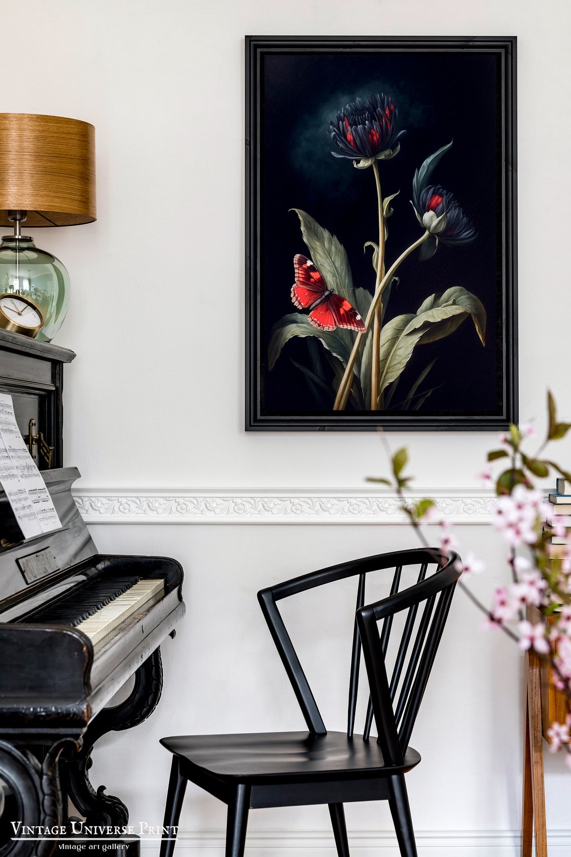 Black Dahlia Blooms with Red Butterfly Dark Moody Floral Poster - Image 2