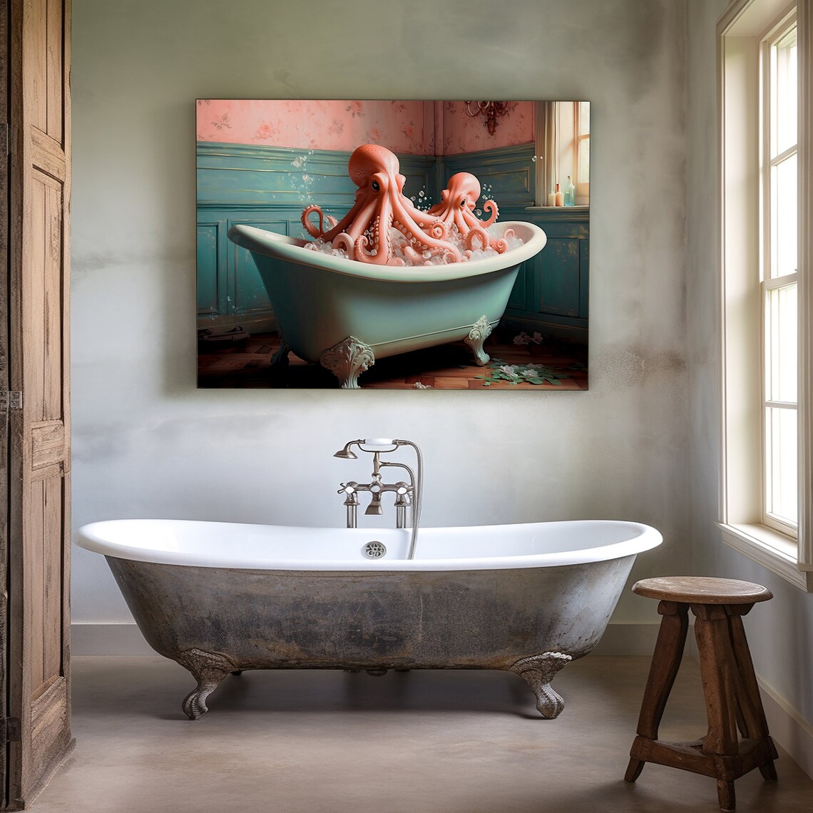 Octopus In Bathtub Print Octopus Wall Art Bathroom Wall Art Print Octopus Poster Bathroom Decor Bath Art Print Instant - Image 3