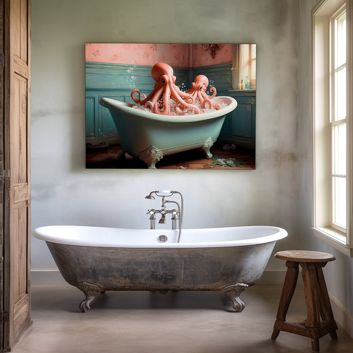 Two Pink Octopuses Bathing in a Vintage Clawfoot Tub Art Print - Image 3