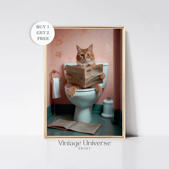 Orange Cat Reading Newspaper On Toilet Funny Cat Bathroom Poster