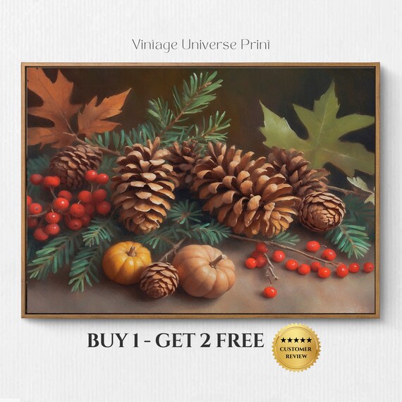Pinecones Mini Pumpkins And Red Berries Fall Still Life Poster