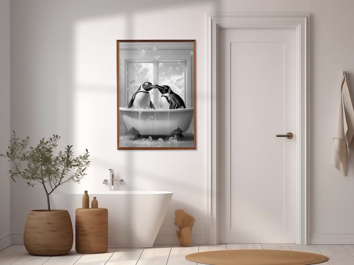 Two Penguins in a Bathtub Black and White Vintage Animal Art Print - Image 2