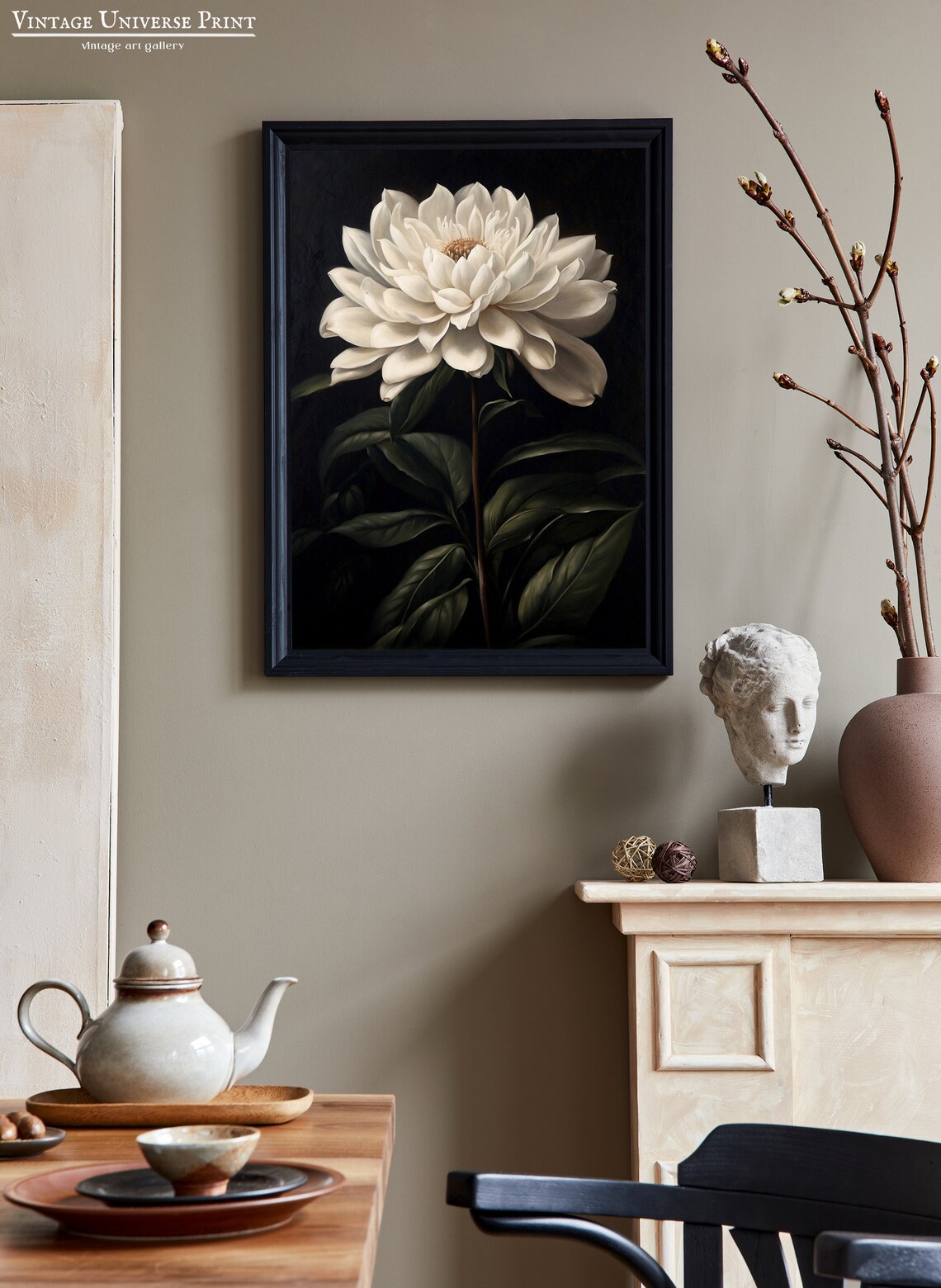 Elegant Giant White Dahlia Bloom Dark Moody Botanical Art Poster - Image 2