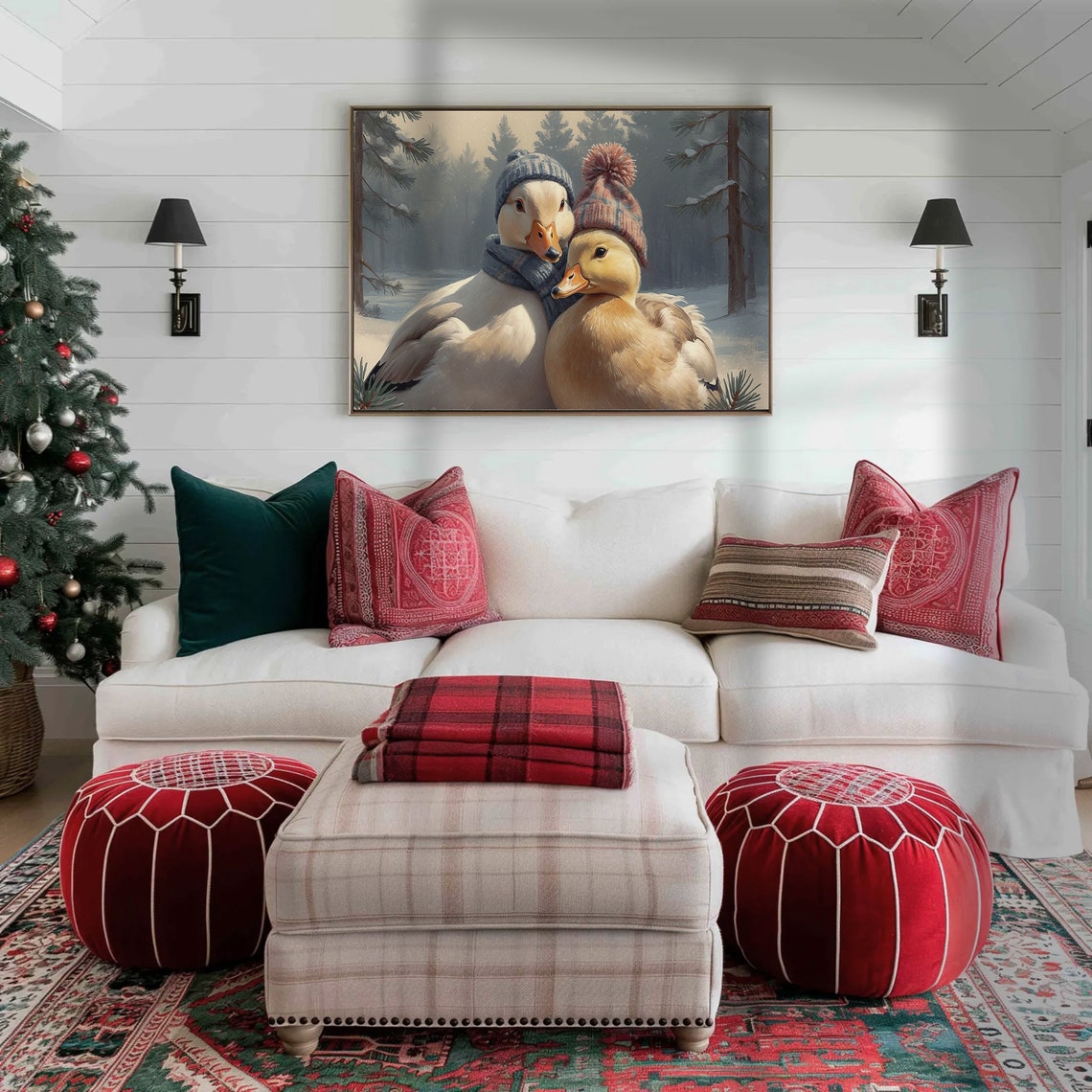 Two Ducks In Winter Hats Snowy Forest Cute Cozy Christmas Poster - Image 5