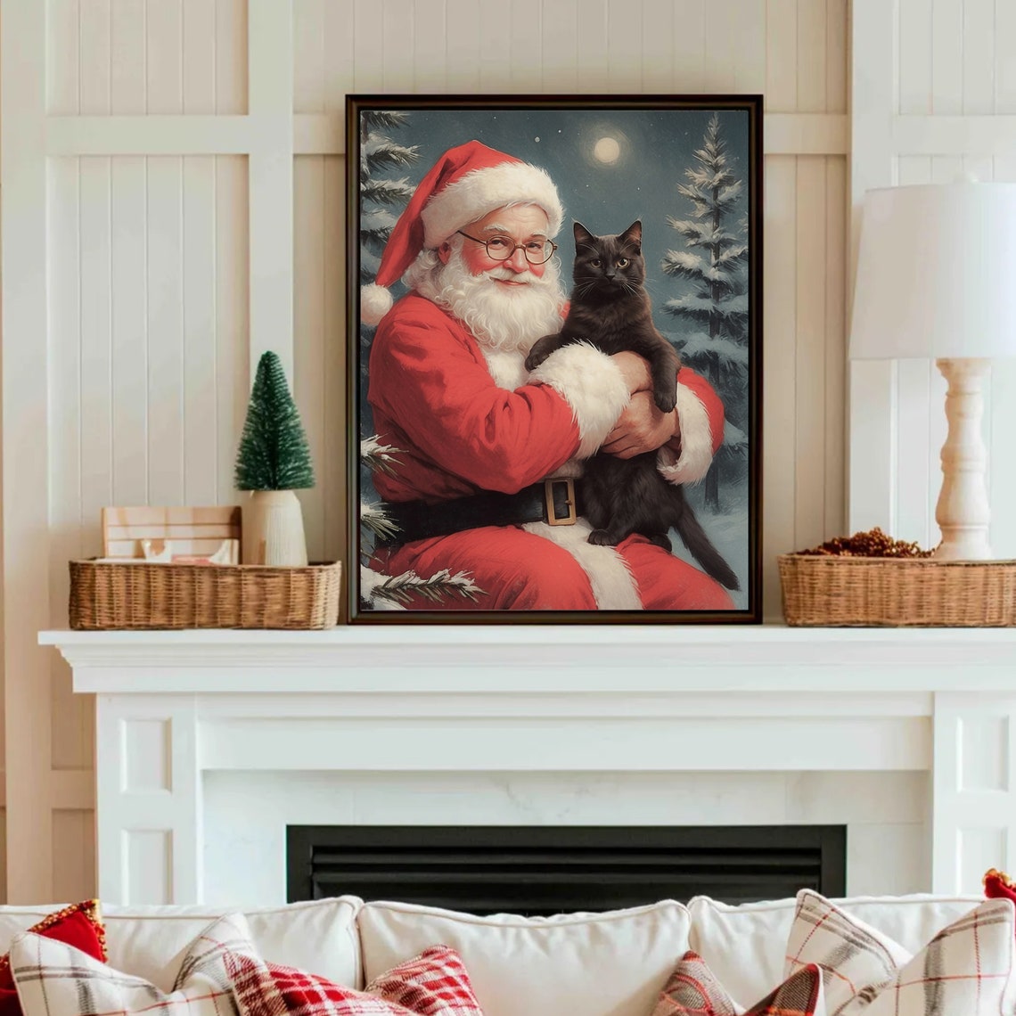 Santa Claus And Black Cat Vintage Painting Christmas Oil Painting Christmas Wall Art Retro Christmas Poster Winter Print Noel Art Print - Image 5