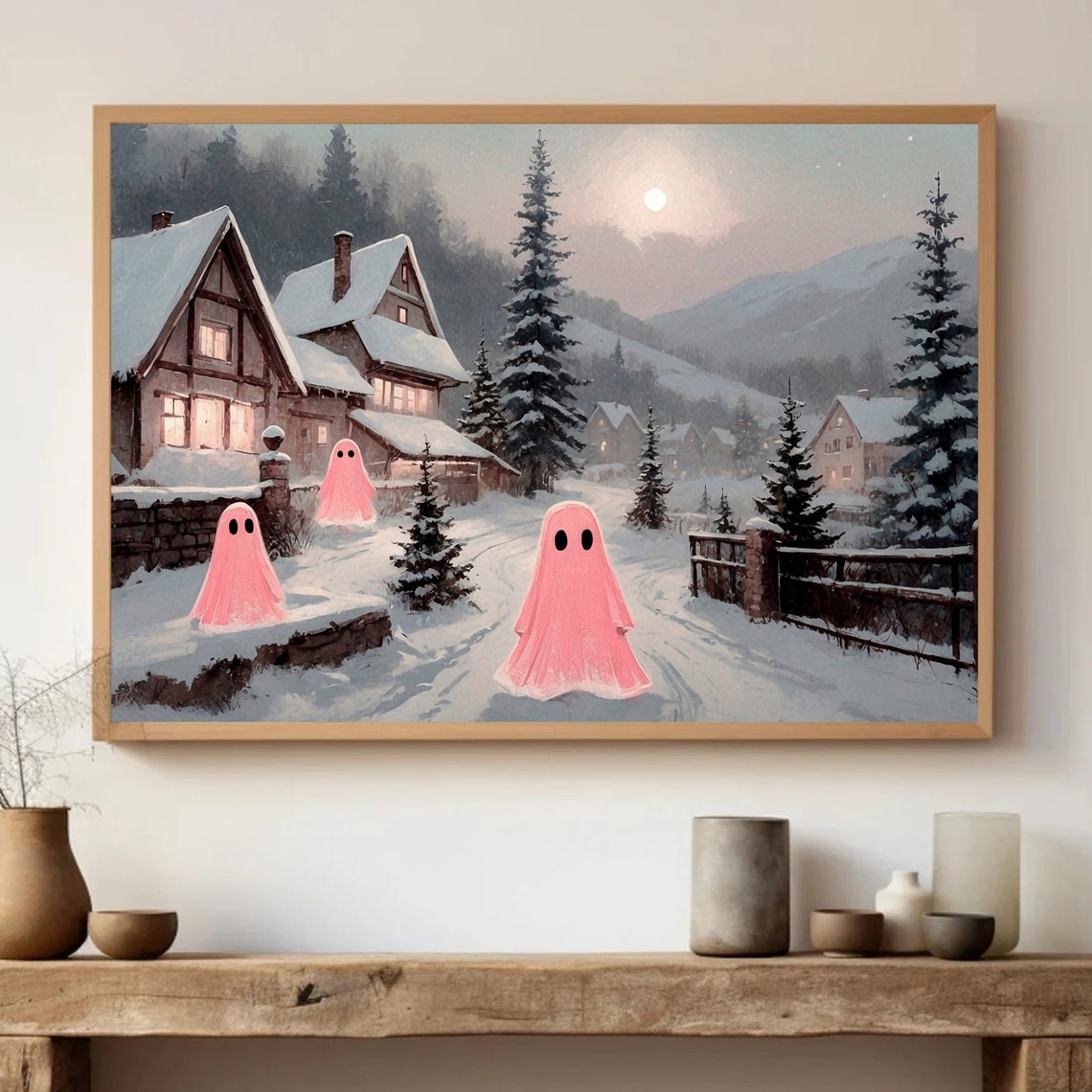 Ghosts In Winter Town Vintage Landscape Painting Christmas Snowy Trees Village Print Holiday Painting Seasonal Home Decor 10 - Image 3
