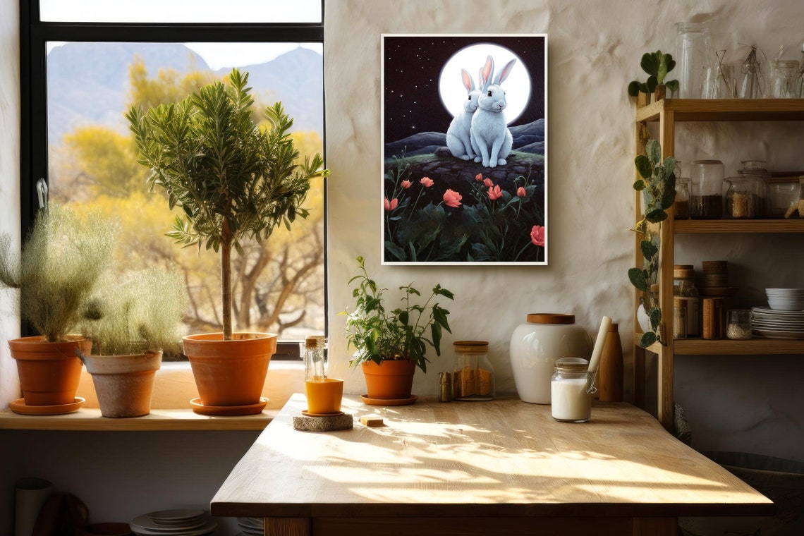 Two White Rabbits Before a Full Moon with Red Tulips Night Art Print - Image 3