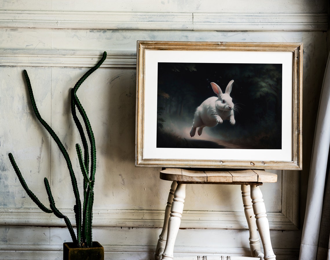 White Rabbit Leaping Through a Dark Misty Forest Night Art Print - Image 2