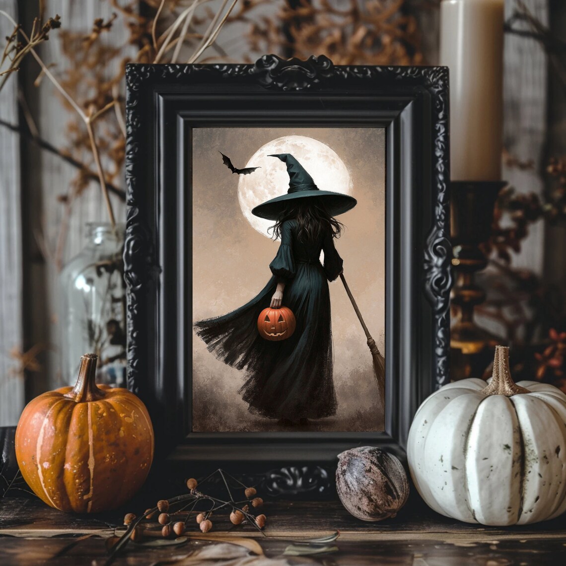 Witch With Broom And Jack O Lantern Before Full Moon Halloween Painting Poster - Image 3