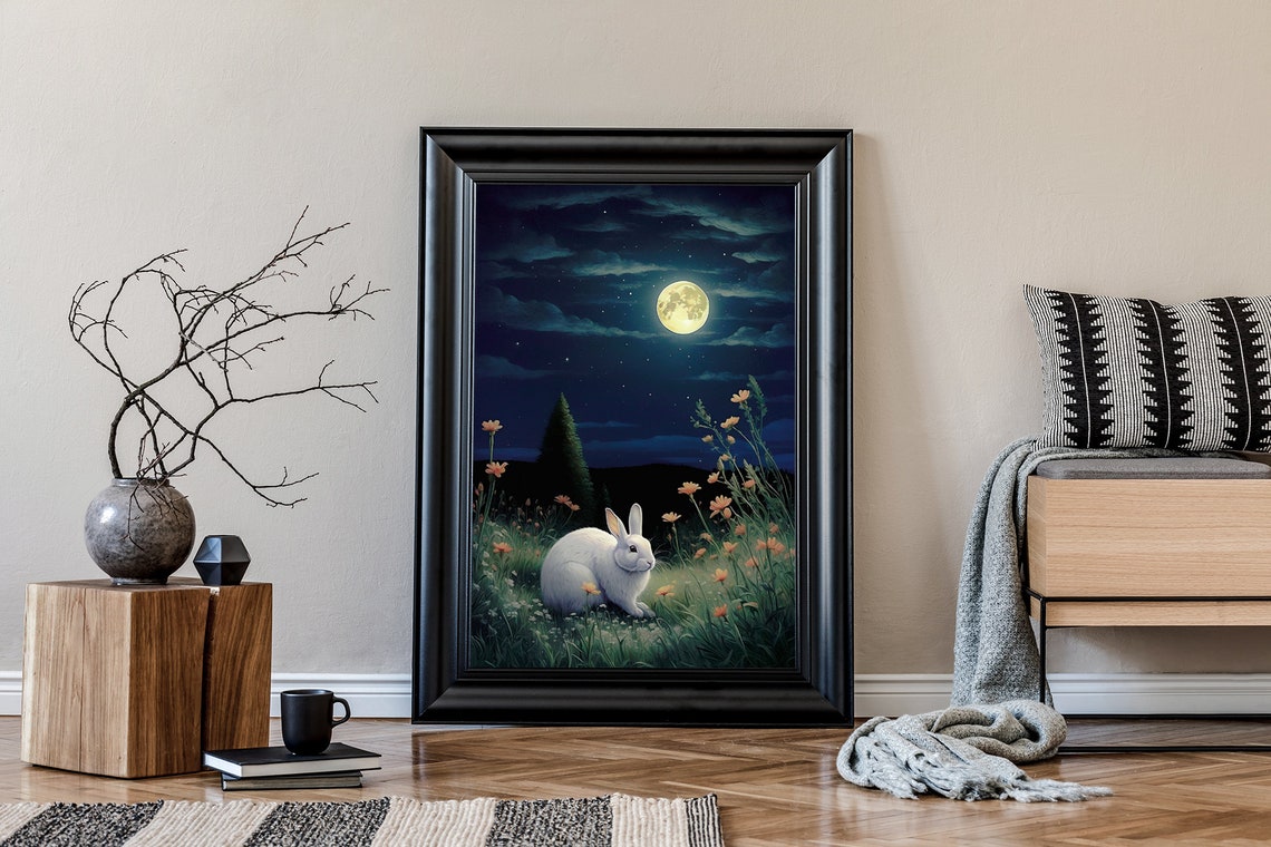 White Rabbit in Moonlit Wildflower Meadow Night Sky Art Print - Image 5