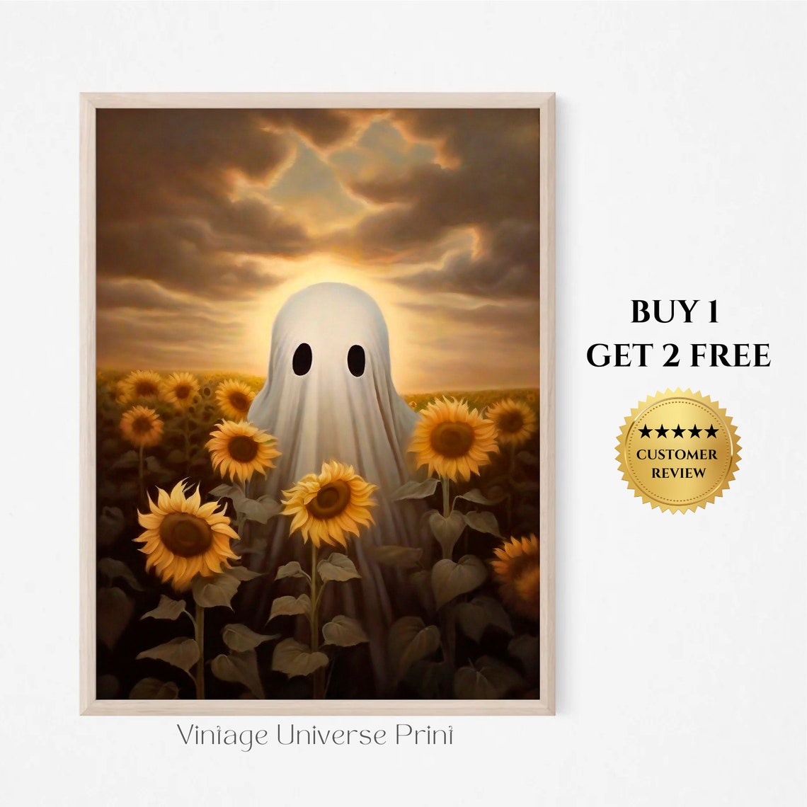 Ghost Standing In A Sunflower Field At Golden Sunset Halloween Poster