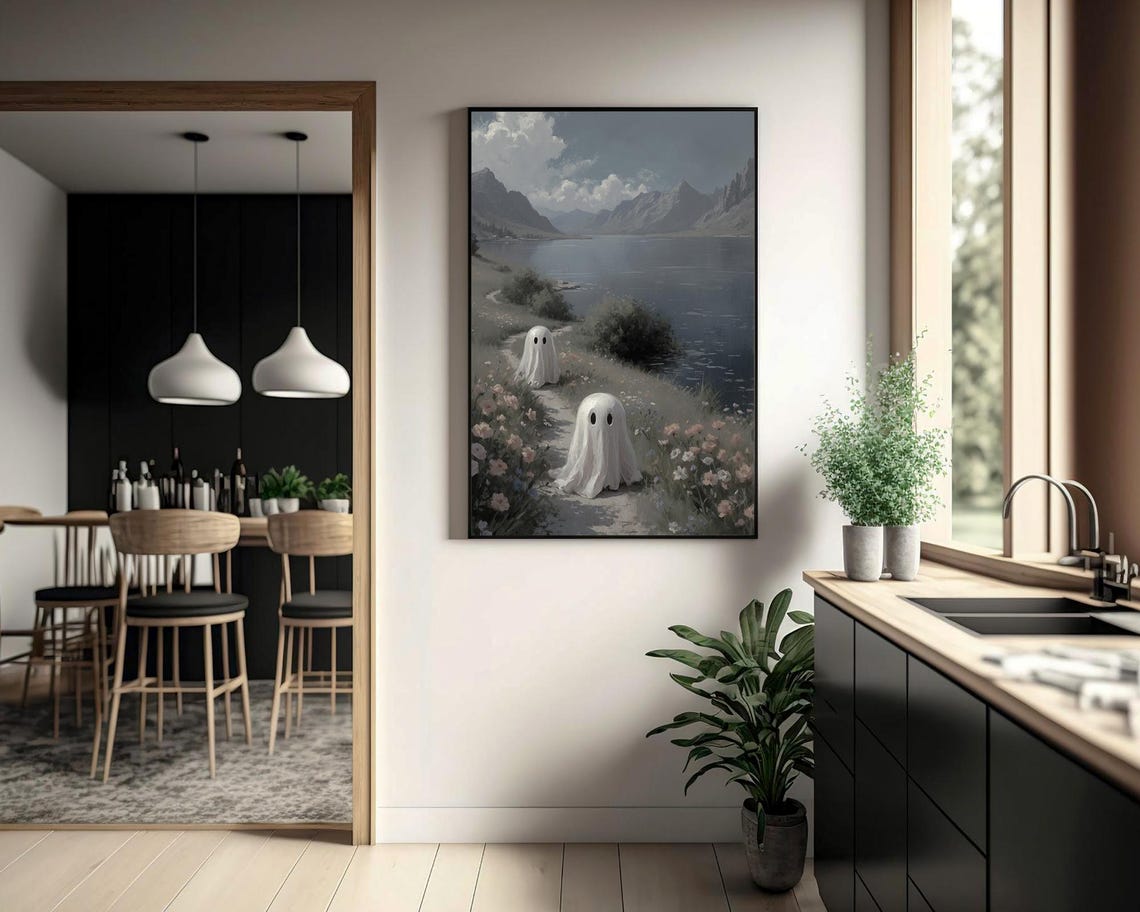 Two Ghosts Walking By A Mountain Lake Cute Spooky Halloween Poster - Image 3