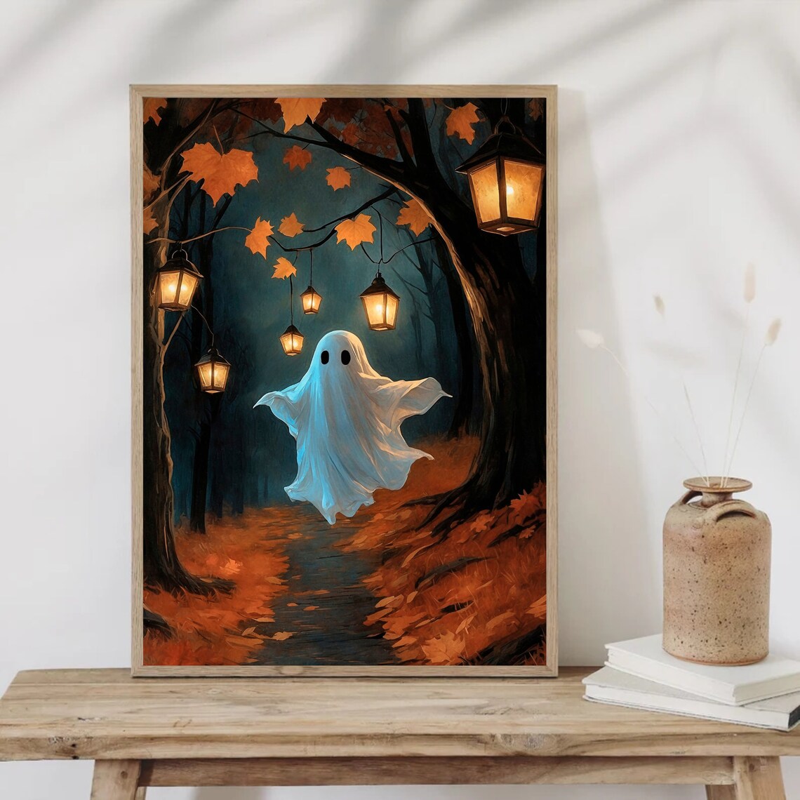 Cute Ghost On Lantern Lit Path In Dark Autumn Woods Halloween Painting Poster - Image 4