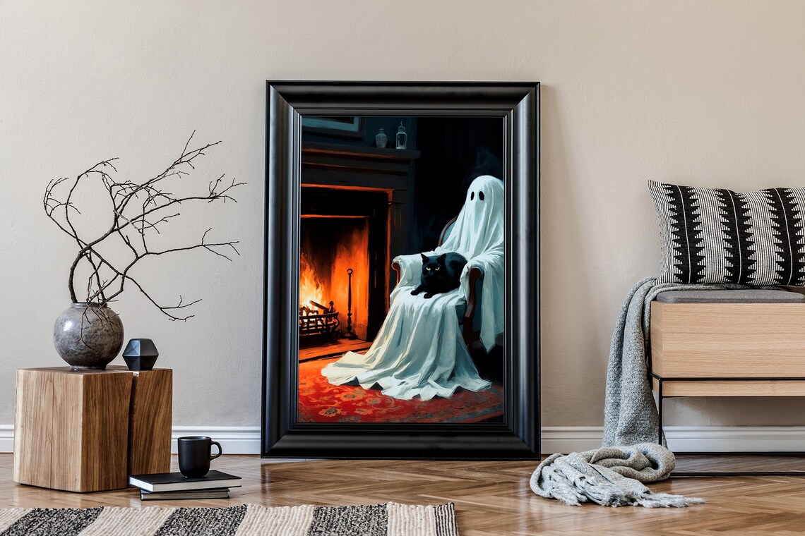 Ghost Cuddling A Black Cat In An Armchair By A Roaring Fireplace Art Print - Image 3
