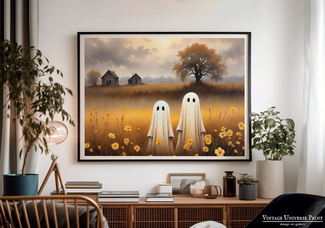 Two Friendly Ghosts In A Golden Flower Field Vintage Fall Poster - Image 2