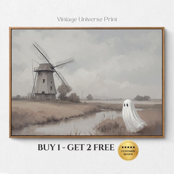 Lonely Ghost By A Windmill And River Vintage Halloween Poster