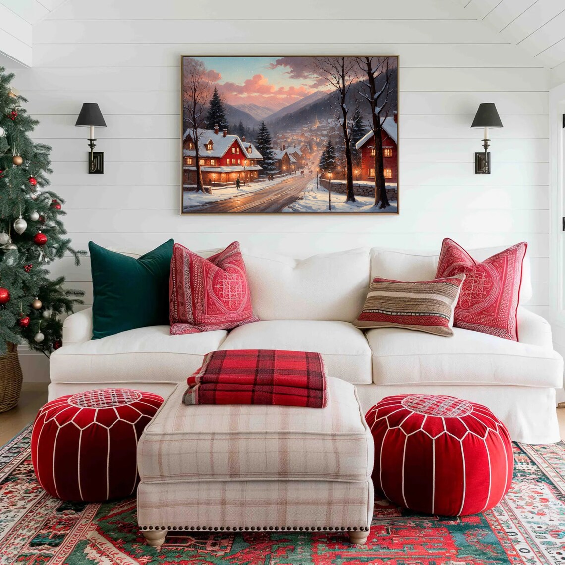 Vintage Christmas Town Snowy Street Evening Oil Painting Poster - Image 4