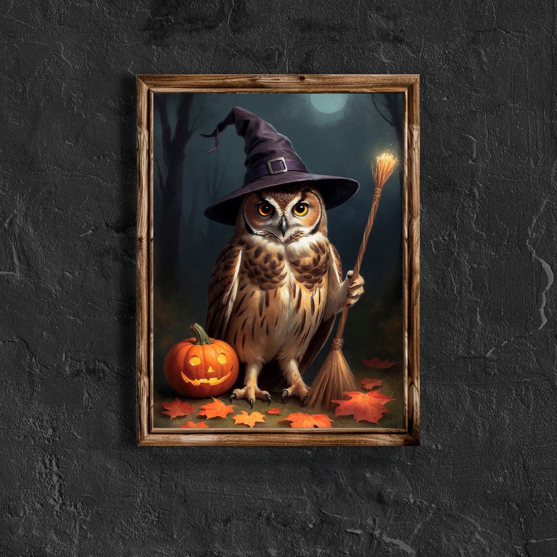 Cute Owl In Witch Hat With Broom And Jack O Lantern Halloween Painting Poster - Image 4