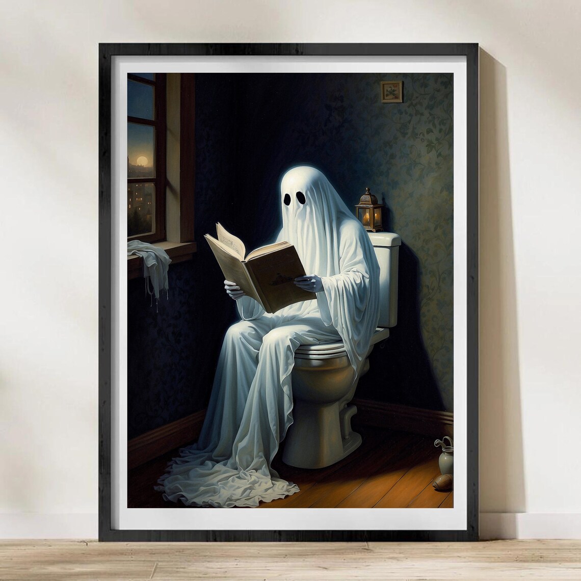 Ghost on the Toilet Reading a Book in a Candlelit Vintage Bathroom Poster - Image 3