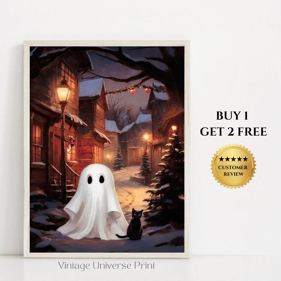 Cute Ghost In Christmas Village Painting Ghost Winter Vintage Print Christmas Wall Decor Moody Cottagecore Art Ghost 23