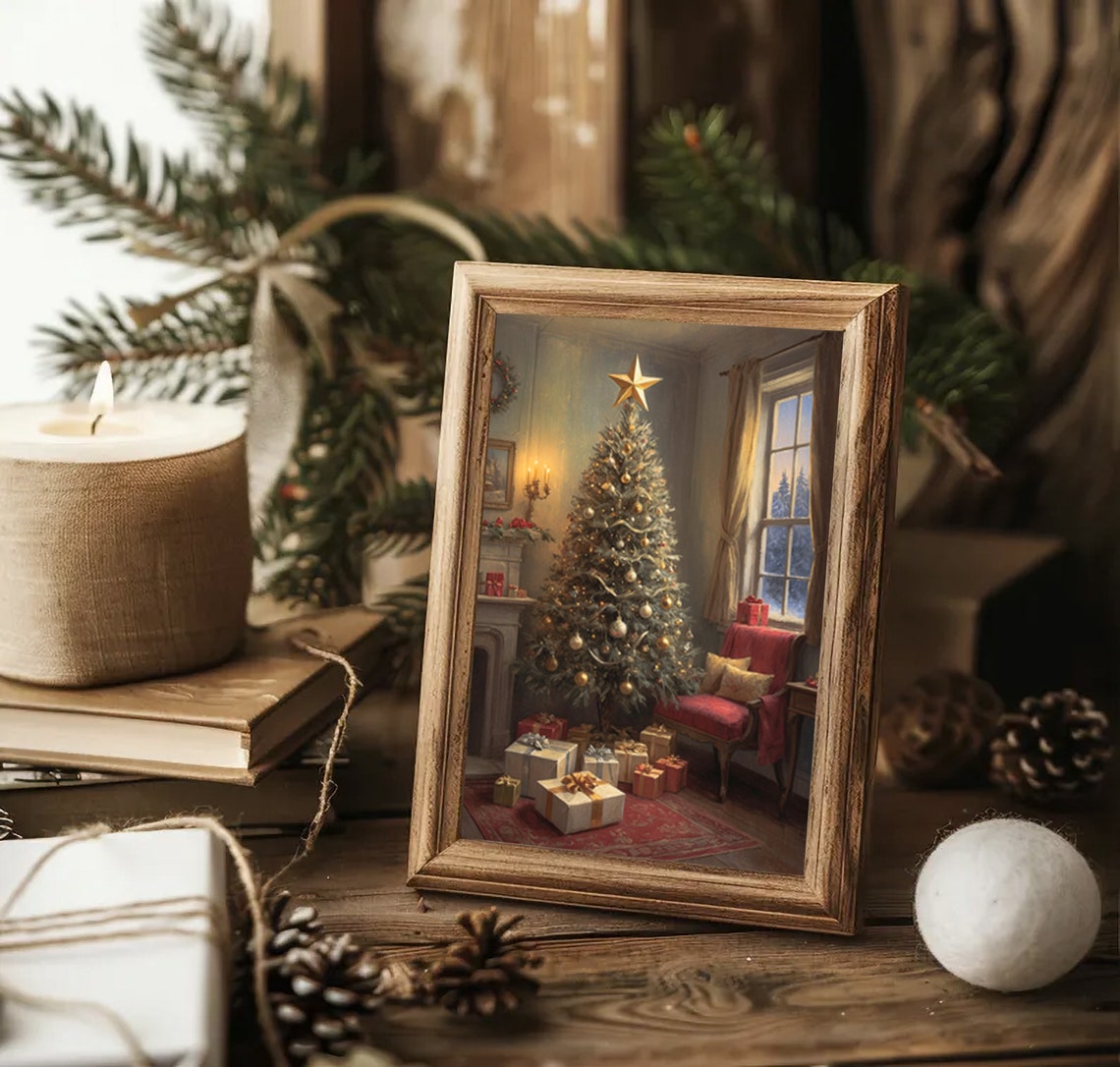 Cozy Christmas Living Room Tree By The Fireplace Evening Poster - Image 2