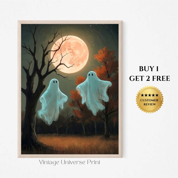 Cute Ghosts In The Moody Fall Forest Night Halloween Print Ghosts Halloween Wall Art Haunting Ghost Halloween Painting Full Moon Art 182