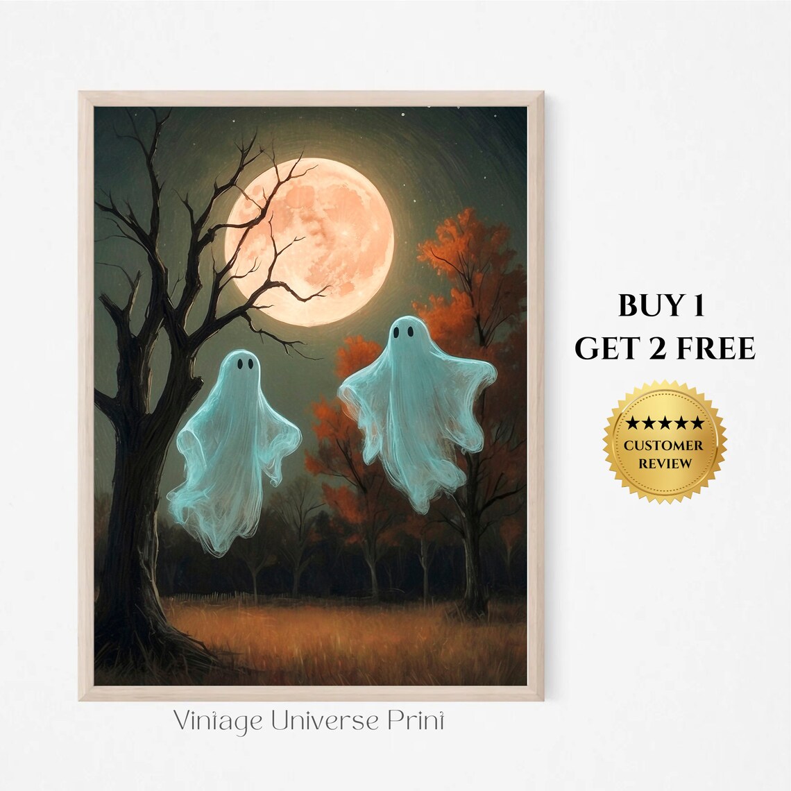 Two Cute Ghosts Floating Under Full Moon In Autumn Night Forest Painting Poster