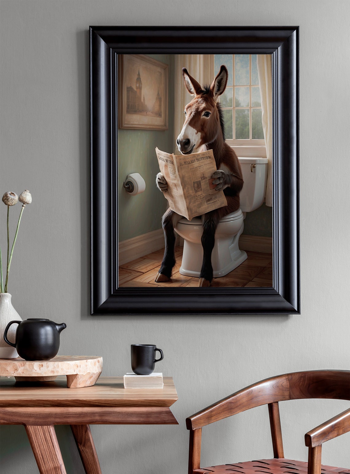 Smiling Donkey Reading A Newspaper On The Toilet Funny Poster - Image 2
