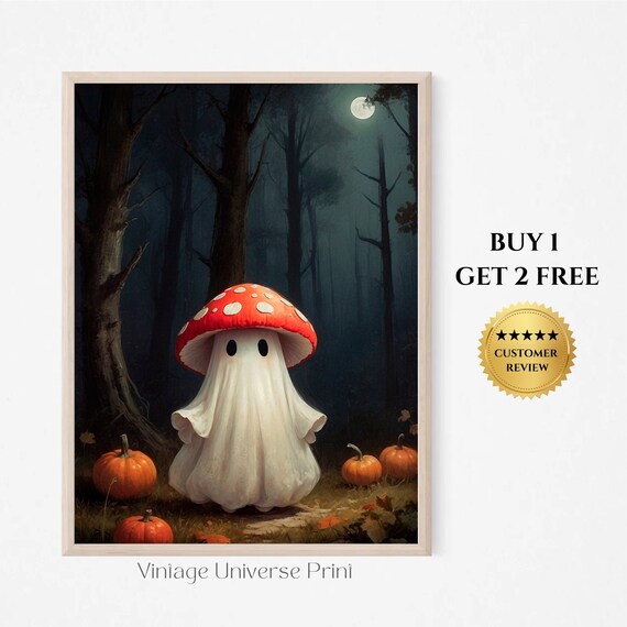 Ghost In The Forest Pumpkin Vintage Painting Ghost Halloween Farmhouse Print Country Cottage Fall Decor Moody Autumn Wall Art Decor 169