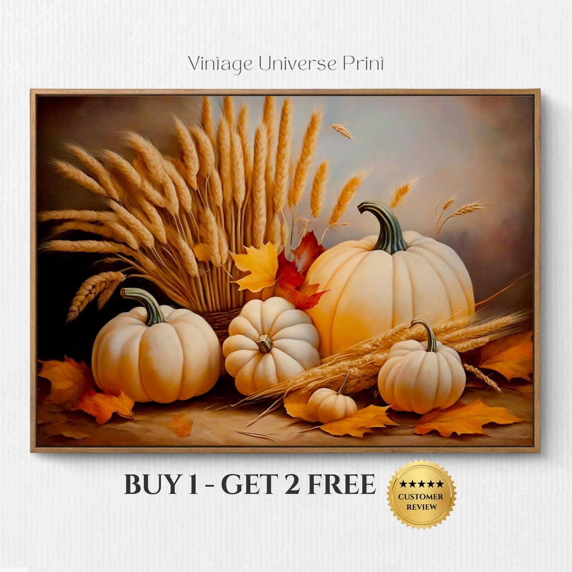White Pumpkins And Wheat Sheaf Autumn Still Life Painting Wall Art