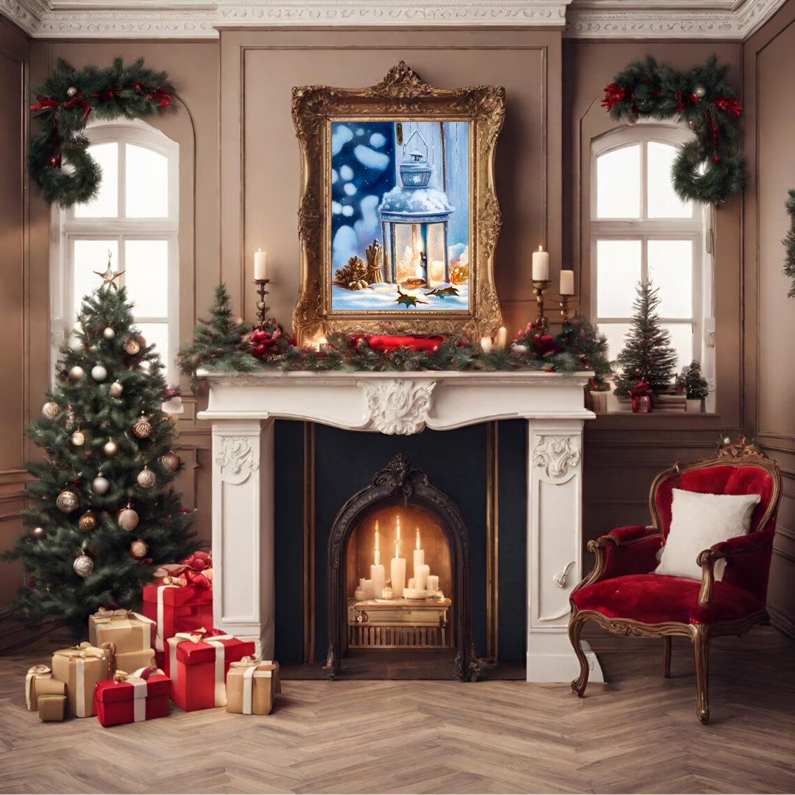 Snowy Candle Lantern Glowing Winter Night Vintage Farmhouse Poster - Image 4