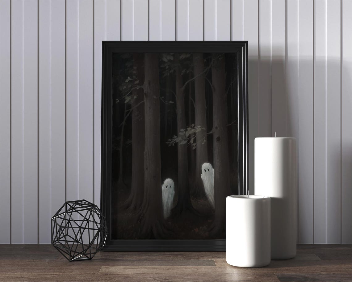 Two Ghosts In A Dark Forest Night Eerie Haunted Halloween Poster - Image 2