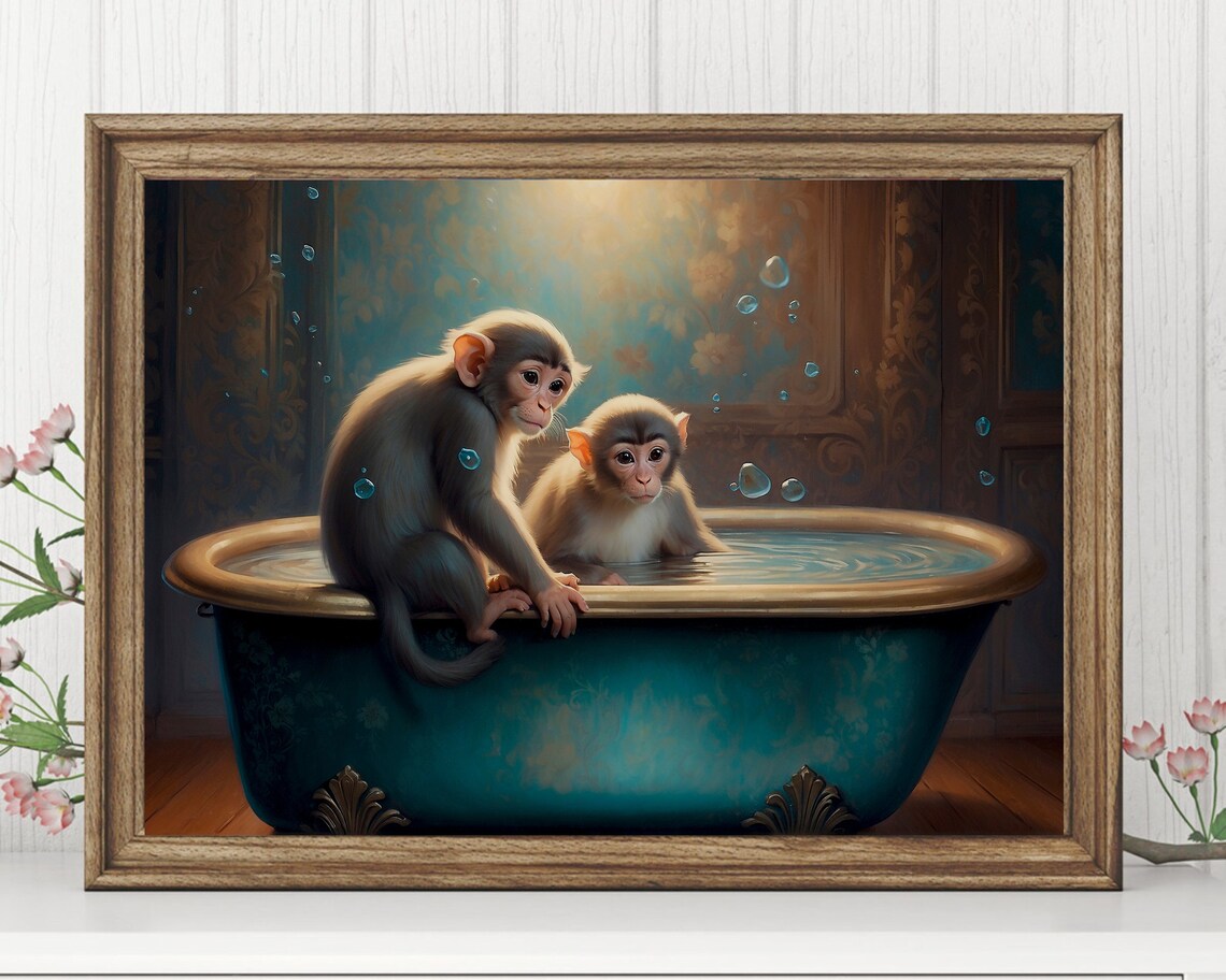 Playful Baby Monkeys Sharing A Bubble Bath In Teal Tub Poster - Image 5