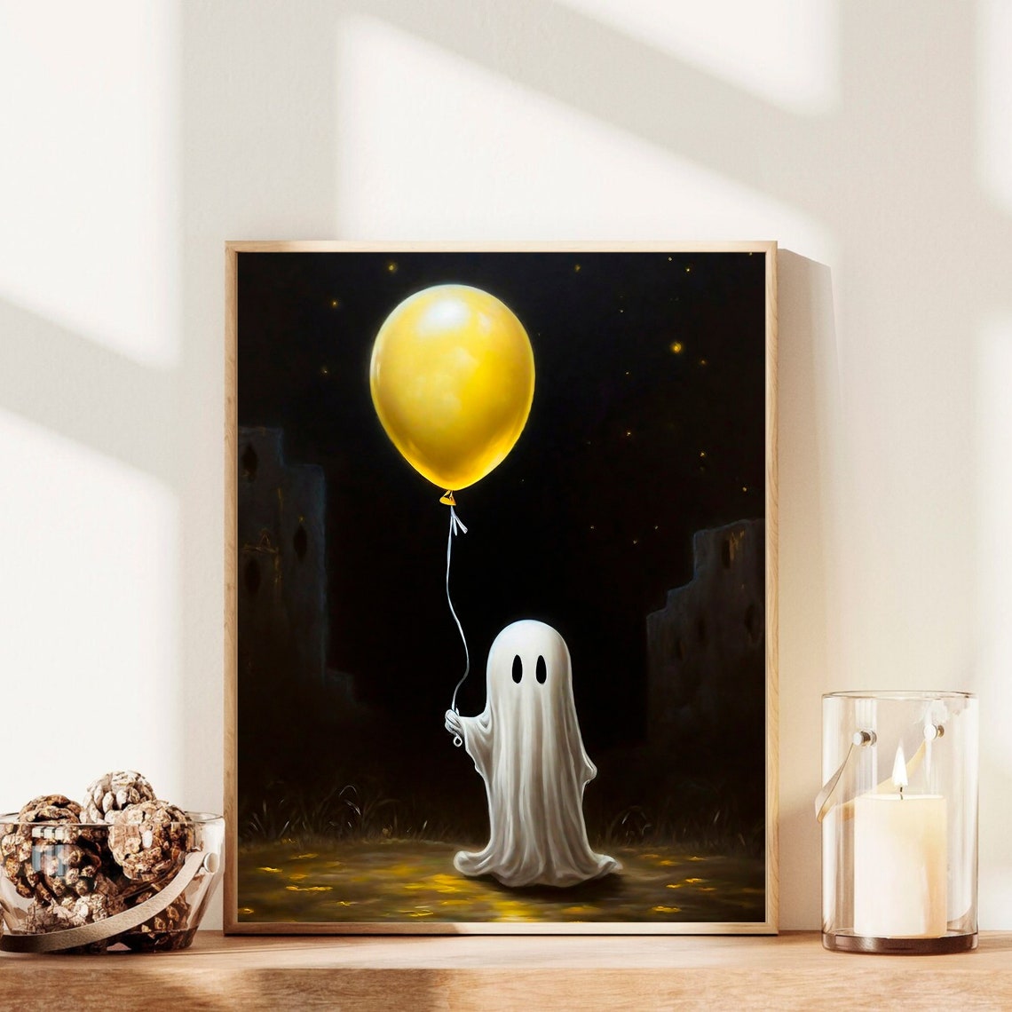 Cute Ghost Holding Yellow Balloon Spooky Night Halloween Decor Poster - Image 3