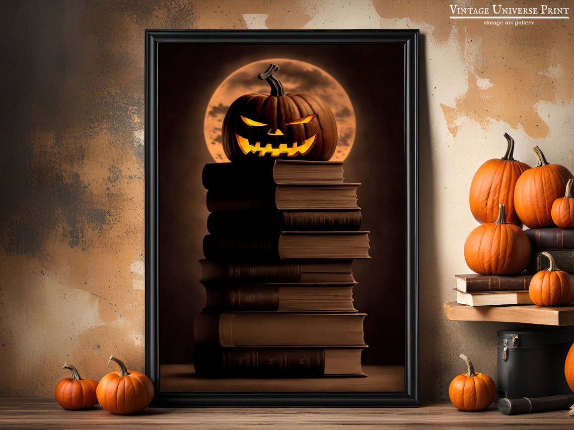 Glowing Jack O Lantern on Stack of Books Spooky Halloween Poster - Image 4