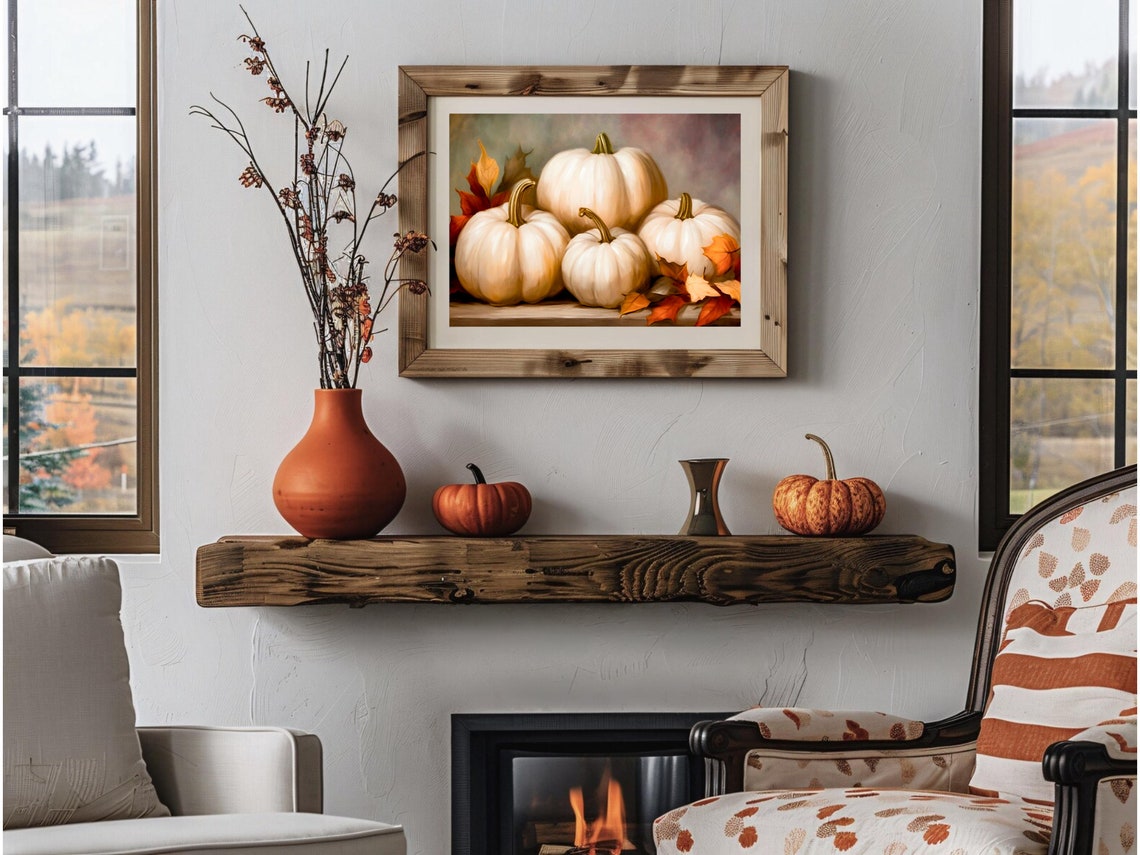 Four White Pumpkins Autumn Leaves Rustic Fall Table Still Life Print - Image 3