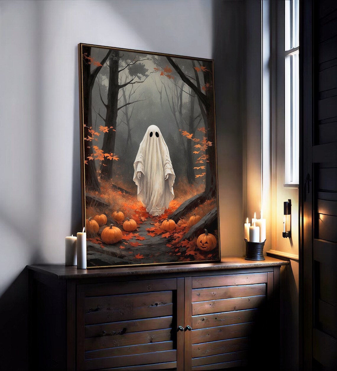 Ghost Walking Through A Misty Autumn Forest Scattered With Pumpkins Art Print - Image 2