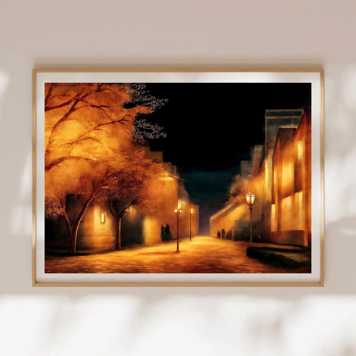Golden Autumn Street Lamps Glowing on a Misty Night City Poster - Image 4