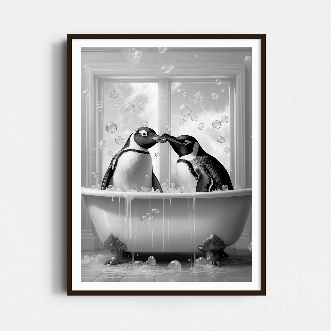 Two Penguins in a Bathtub Black and White Vintage Animal Art Print - Image 5