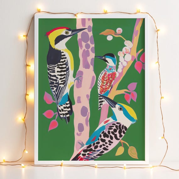 Midcentury Modern Woodpecker Print Colorful Bird Illustration Instant Wall Art